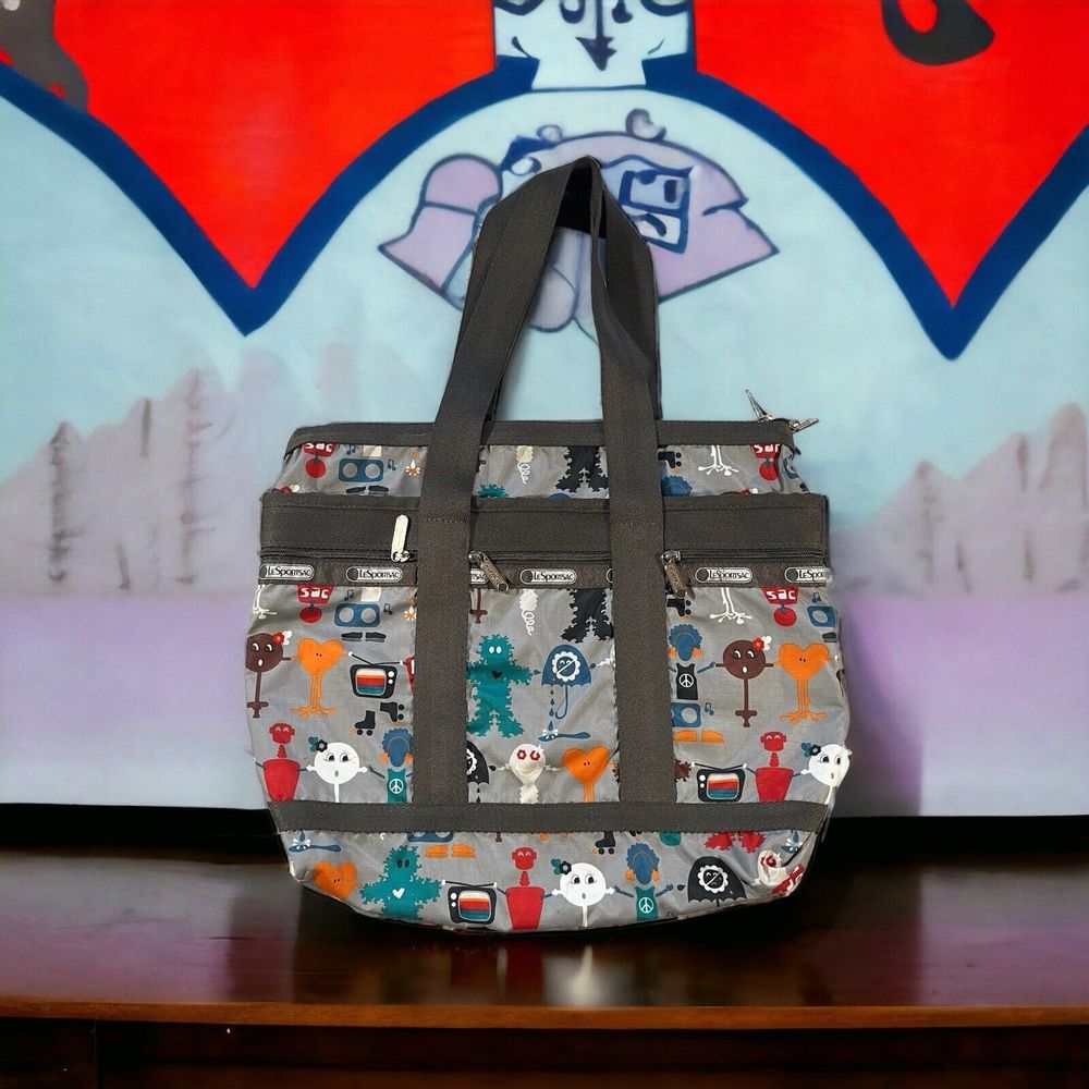 LE SPORTSAC Medium Travel Tote Robot Print 3‎ Front Pockets Grey/Red/Blue